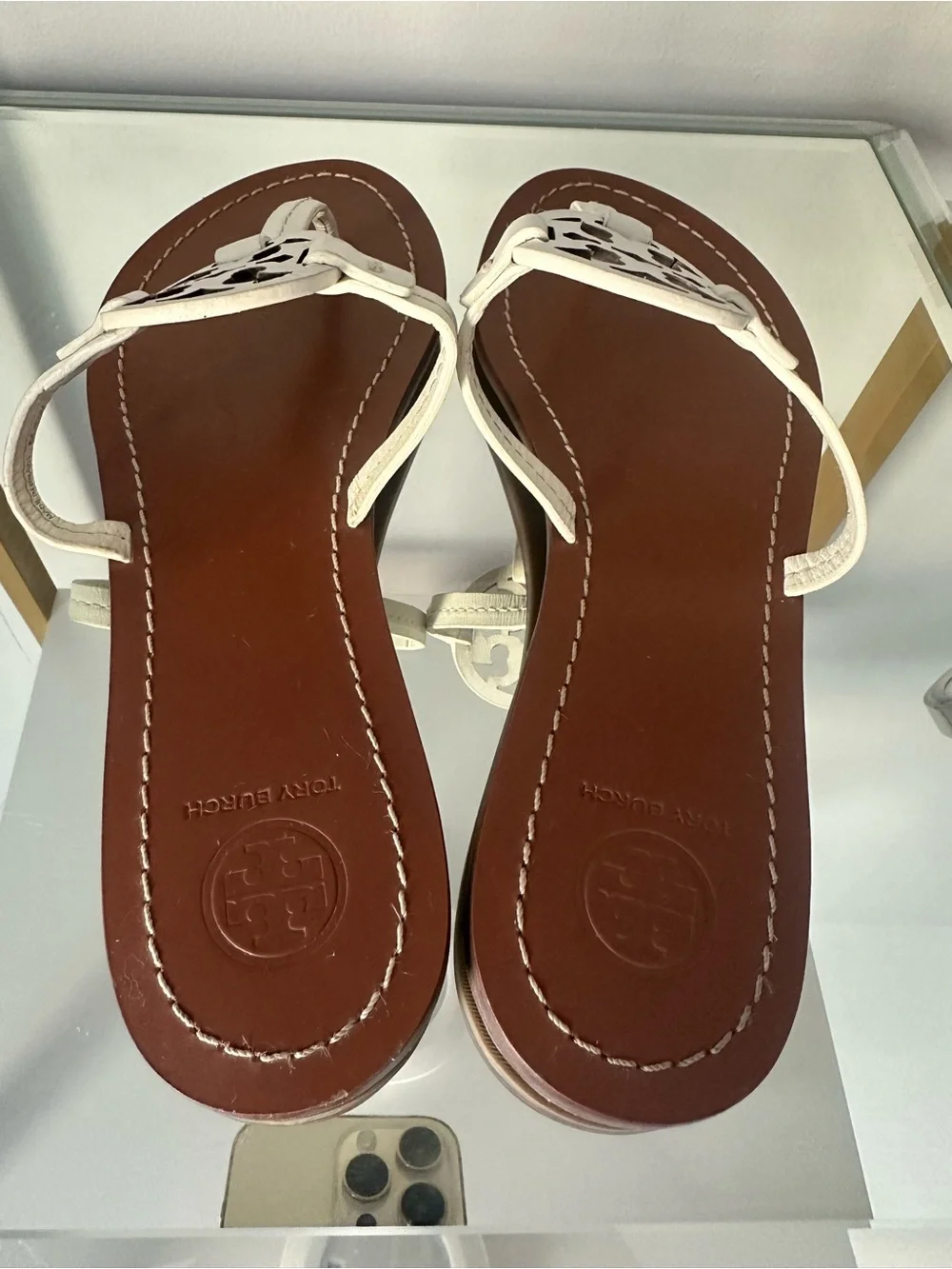 Tory Burch White Logo Thong Sandals with Brown Footbed Sz 9